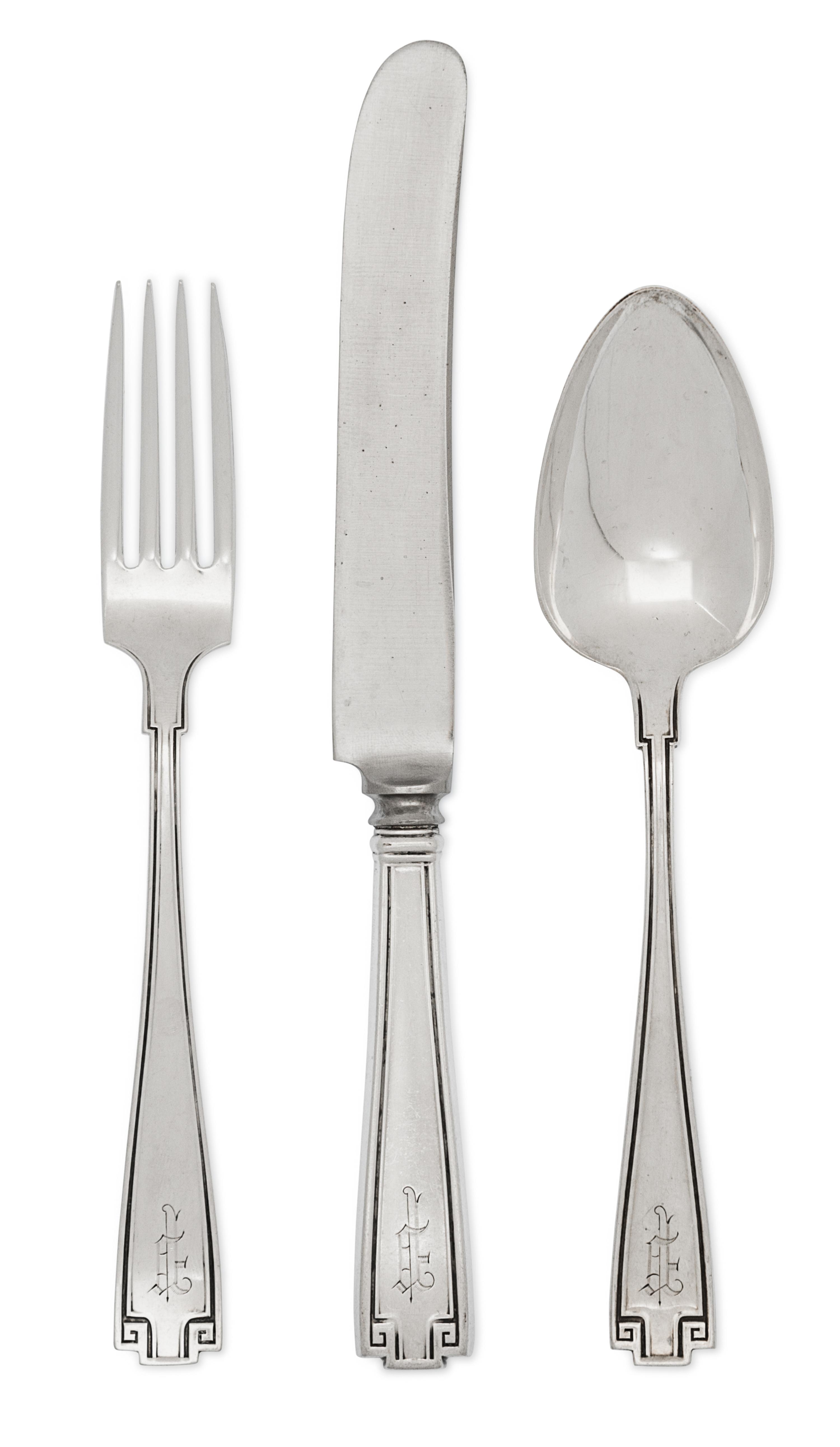 An American Silver Flatware Service, Gorham Mfg. Co., Providence, RI, Circa 1900, Etruscan pattern, engraved with initial P, comprising