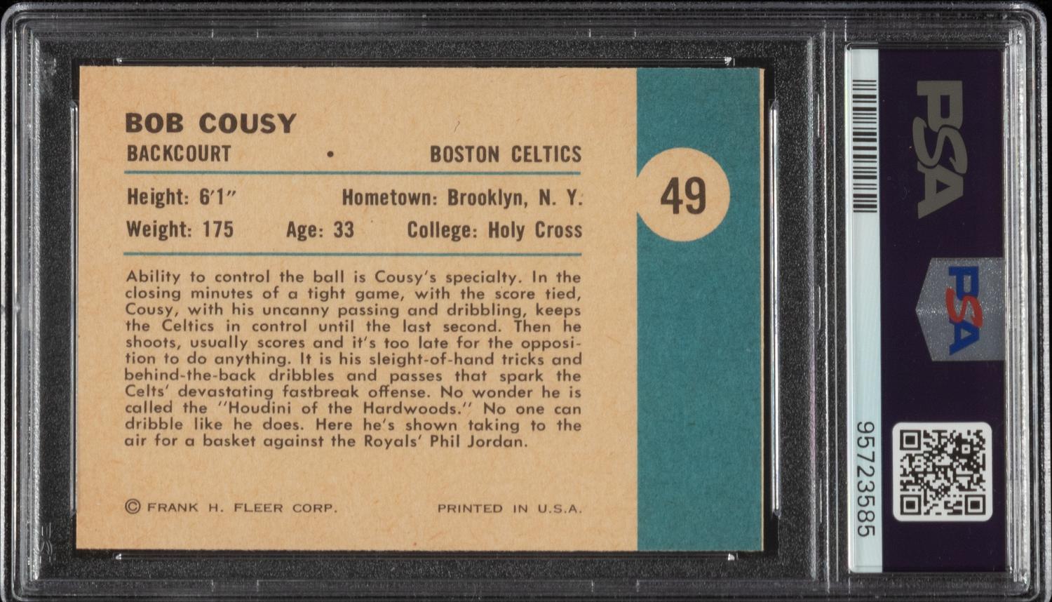 A 1961 Fleer Bob Cousy In Action Basketball Card No. 49 (PSA 8 NM-MT)