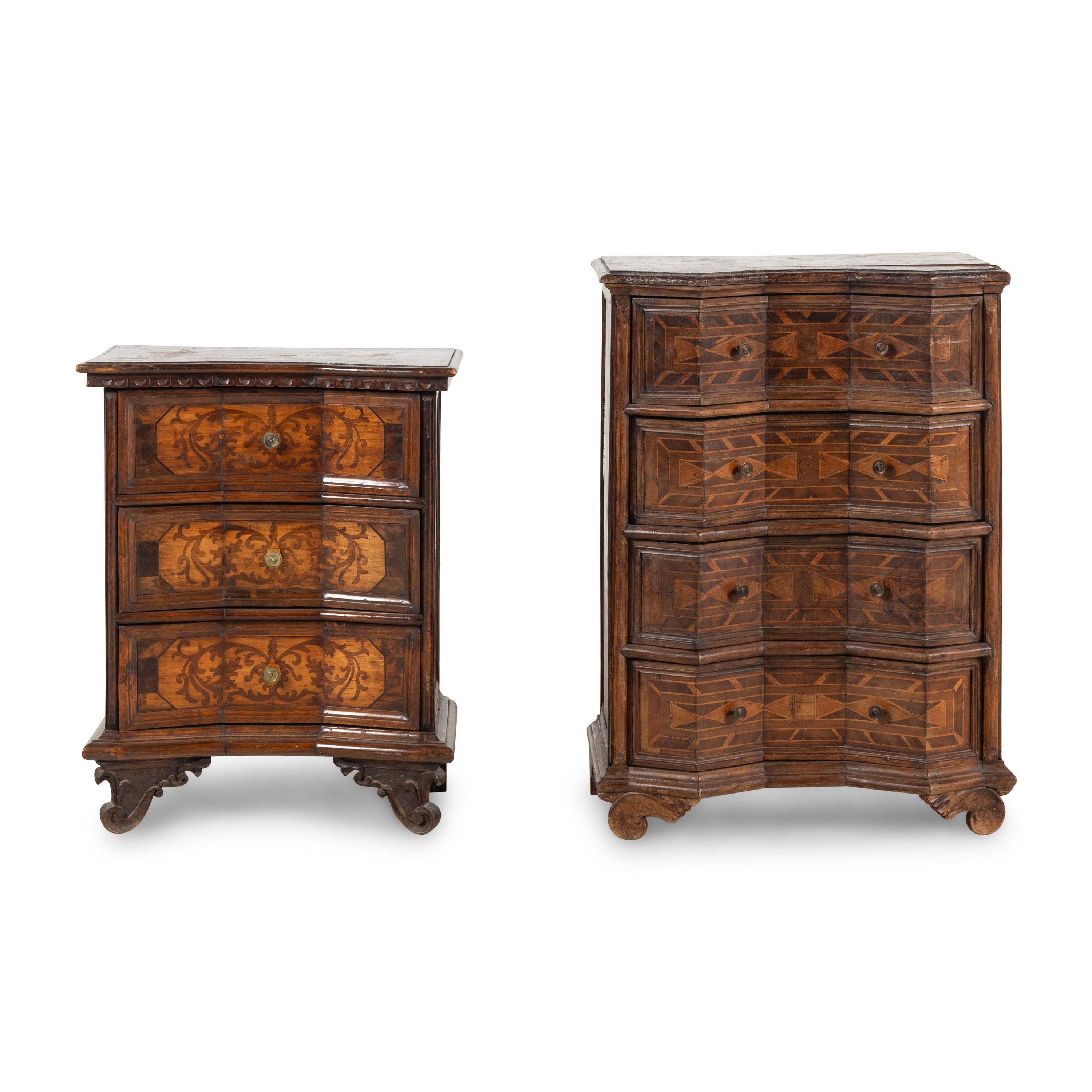 A Pair of Italian Baroque Style Inlaid Walnut Commodini