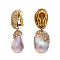 Yvel, Baroque Cultured Pearl, Colored Diamond, and Yellow Gold Convertible Earrings
