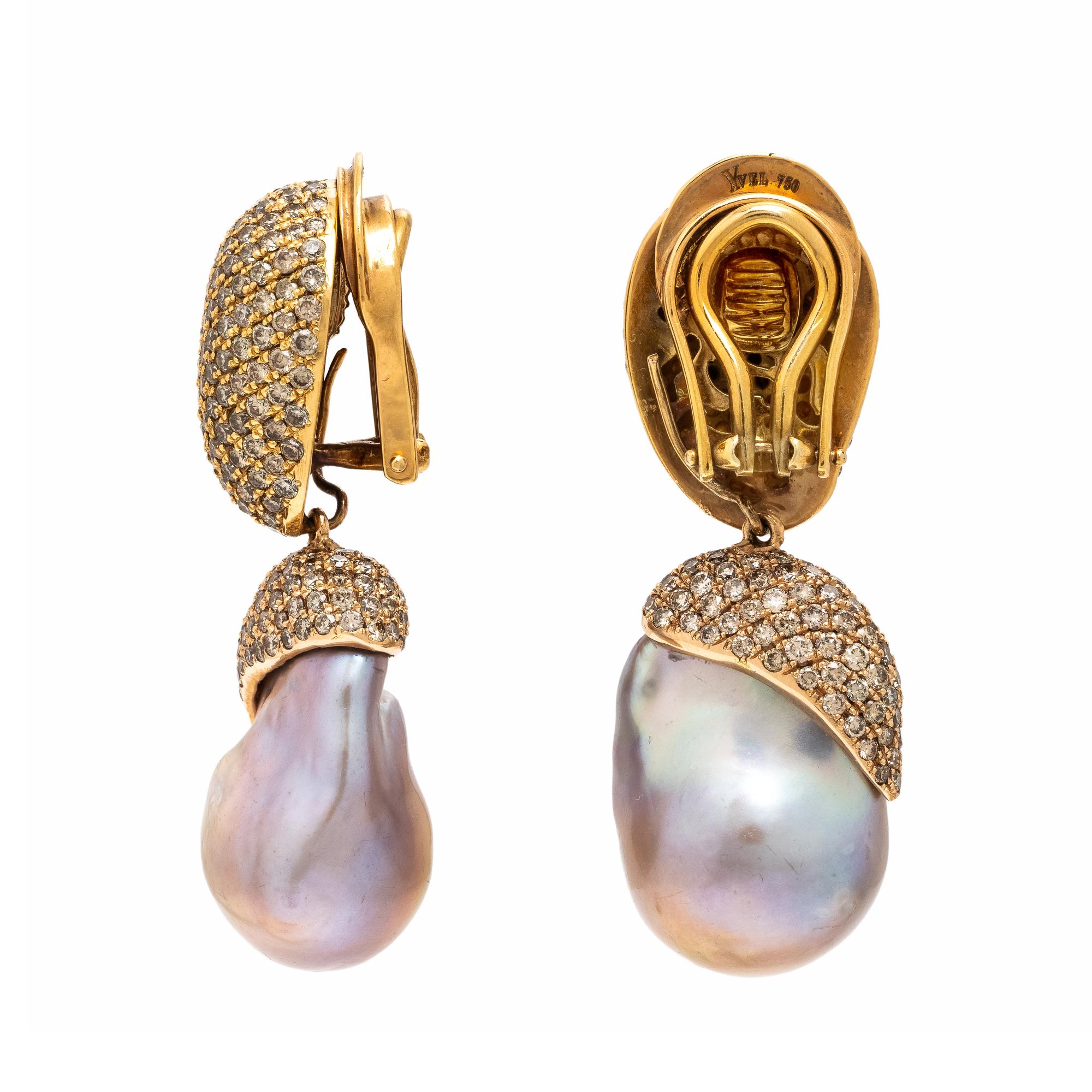 Yvel, Baroque Cultured Pearl, Colored Diamond, and Yellow Gold Convertible Earrings