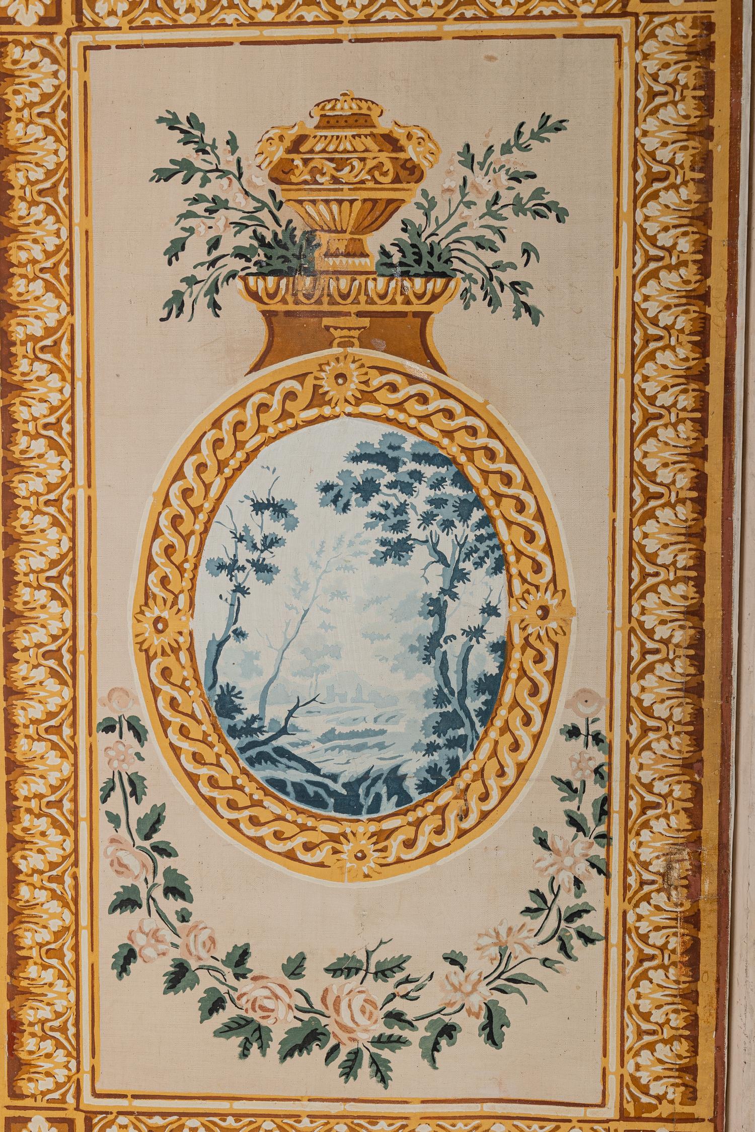 A Louis XVI Style Polychrome Painted Canvas Six-Panel Floor Screen