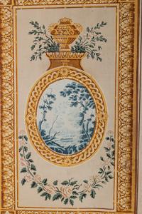 A Louis XVI Style Polychrome Painted Canvas Six-Panel Floor Screen