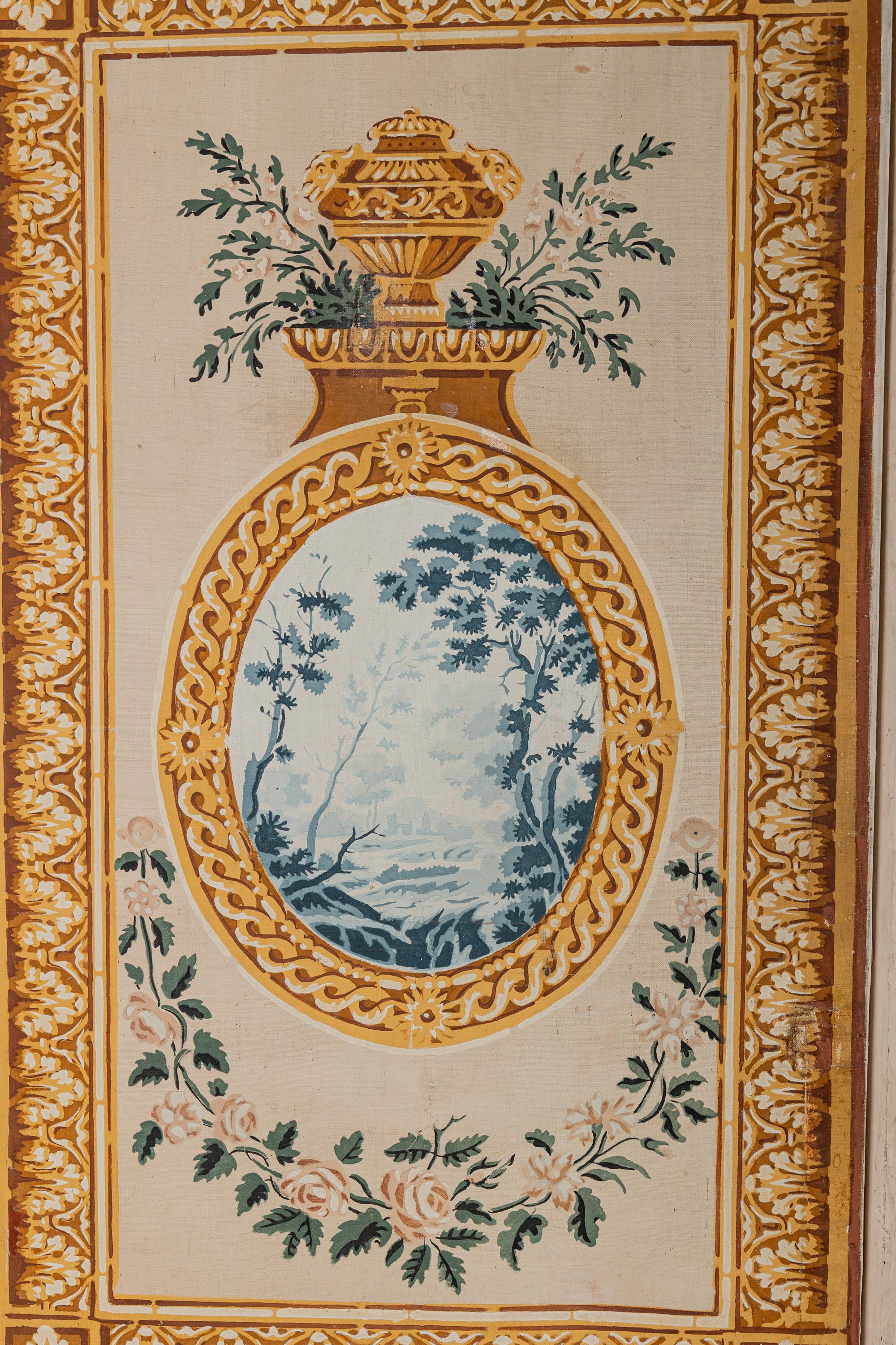 A Louis XVI Style Polychrome Painted Canvas Six-Panel Floor Screen
