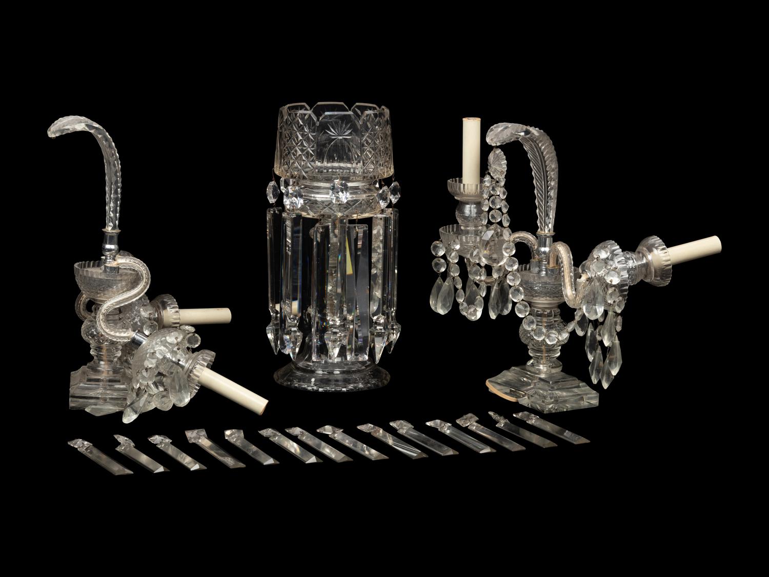A Pair of Cut Glass Two-Light Candelabra and a Similar Girandole