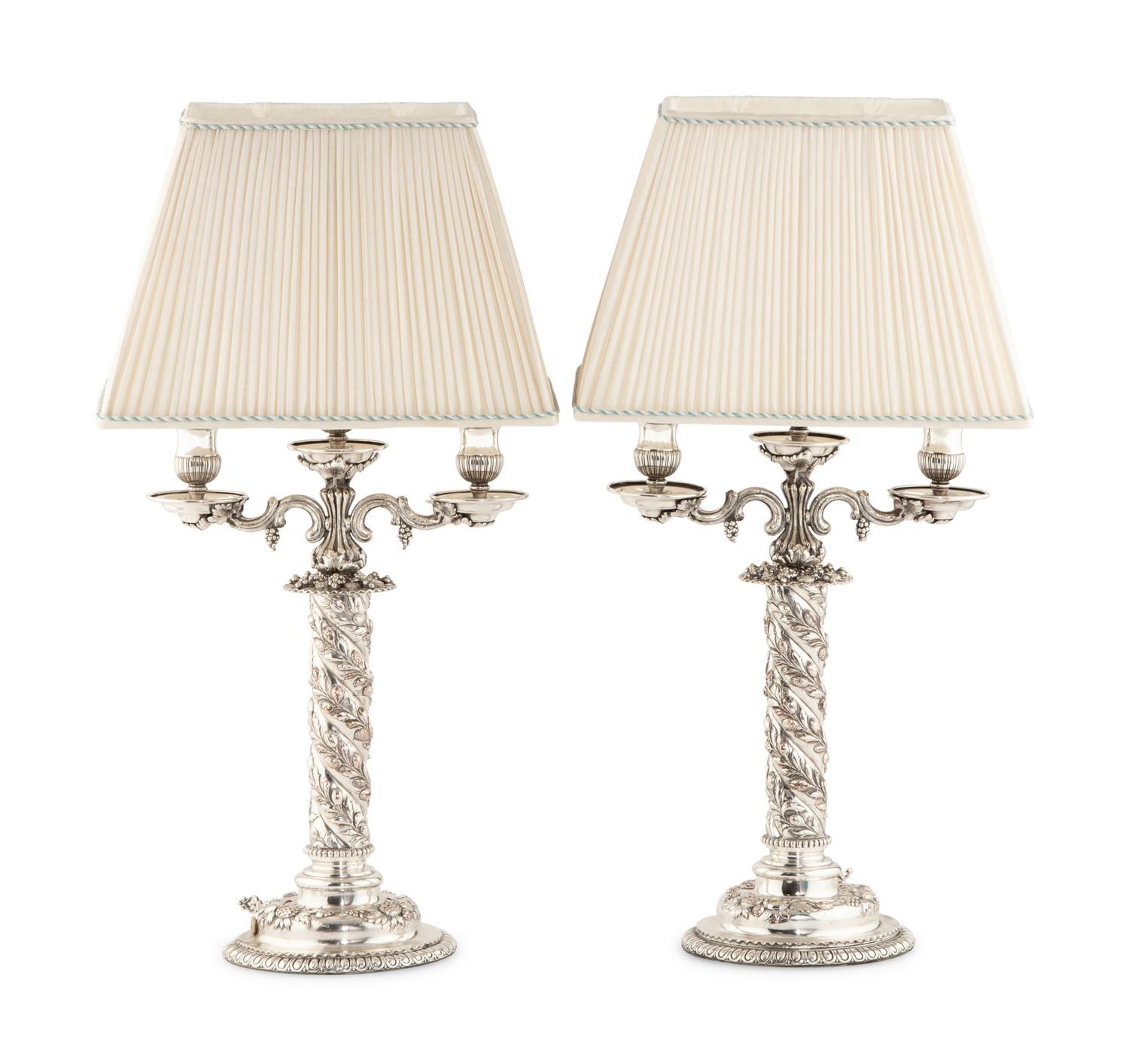 A Pair of American Silver-Plate Three-Light Candelabra Mounted as Lamps