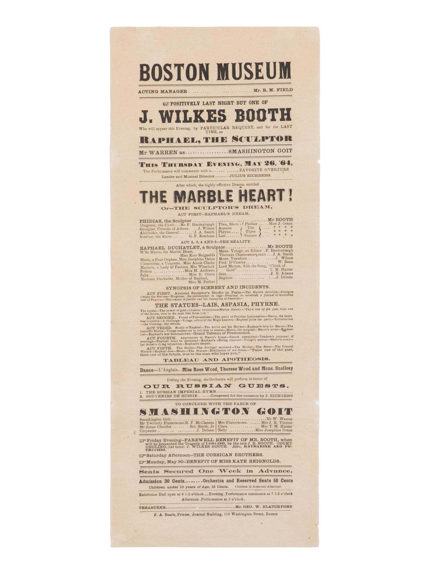 [BOOTH, John Wilkes (1838-1865)]. A broadside playbill for Booth's performance as Raphael in The Marble Heart at the Boston Museum, 26 May 1864.