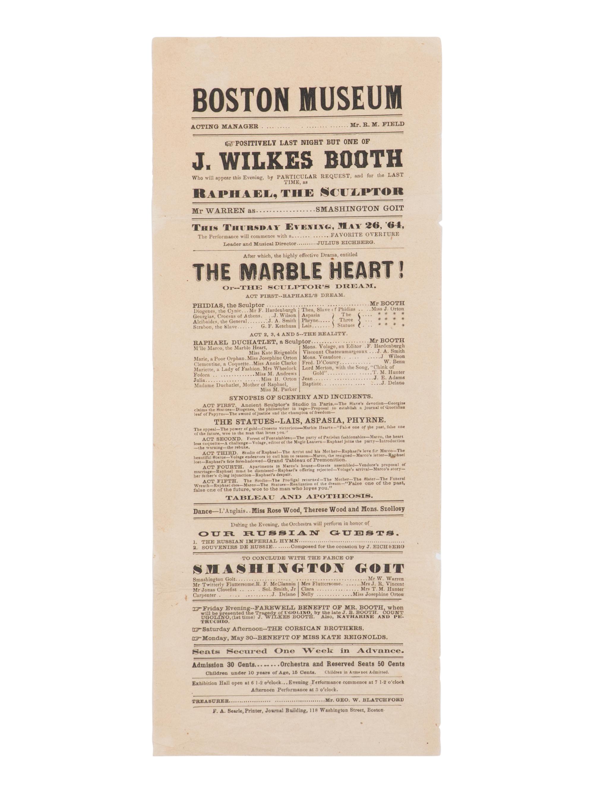 [BOOTH, John Wilkes (1838-1865)]. A broadside playbill for Booth's performance as Raphael in The Marble Heart at the Boston Museum, 26 May 1864.