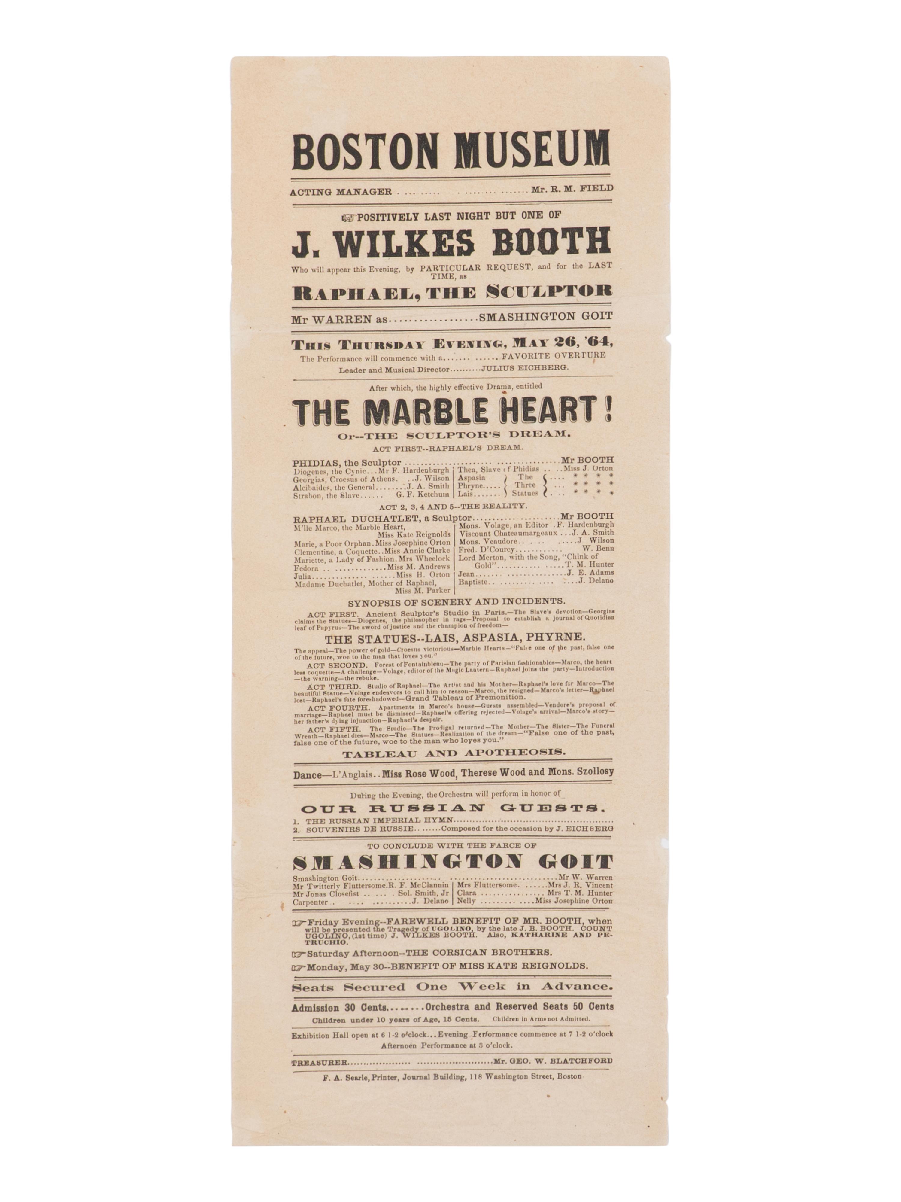 [BOOTH, John Wilkes (1838-1865)]. A broadside playbill for Booth's performance as Raphael in The Marble Heart at the Boston Museum, 26 May 1864.
