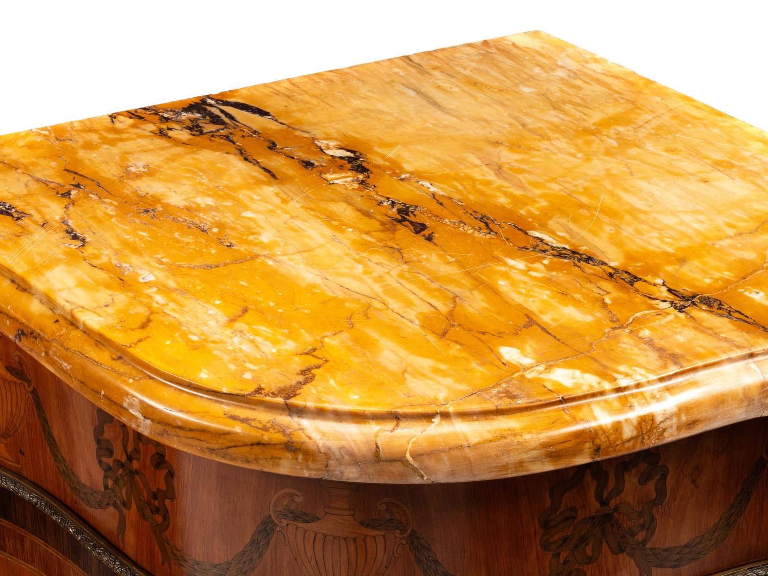 A Pair of George III Marquetry Marble-Top Corner Cabinets in the Manner of Mayhew and Ince