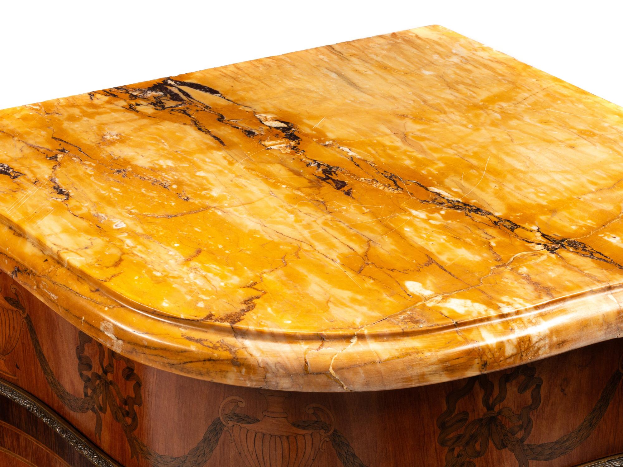 A Pair of George III Marquetry Marble-Top Corner Cabinets in the Manner of Mayhew and Ince