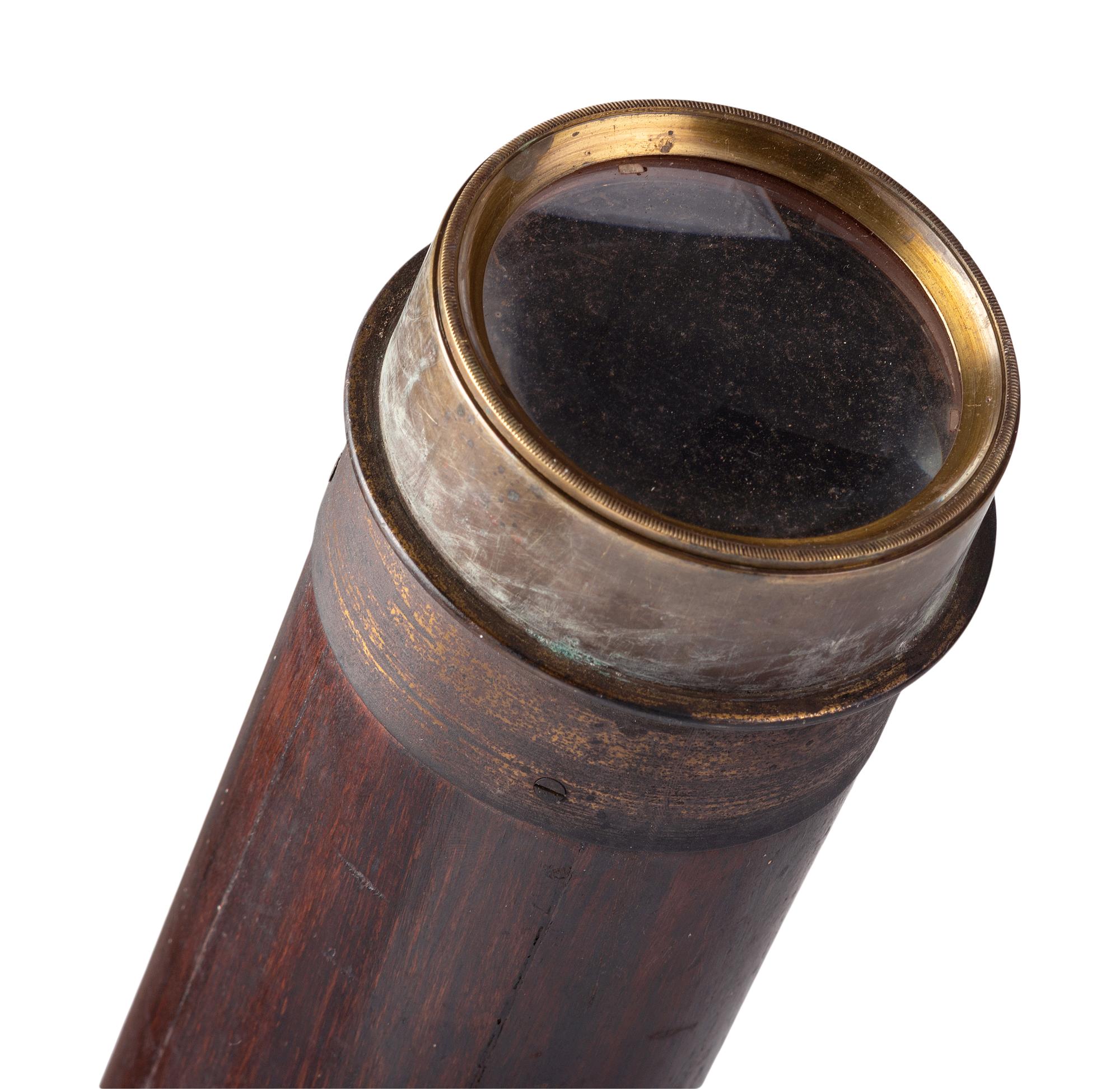 3 1/4 in. wood body single-draw telescope. Length 33 in. 19th century.