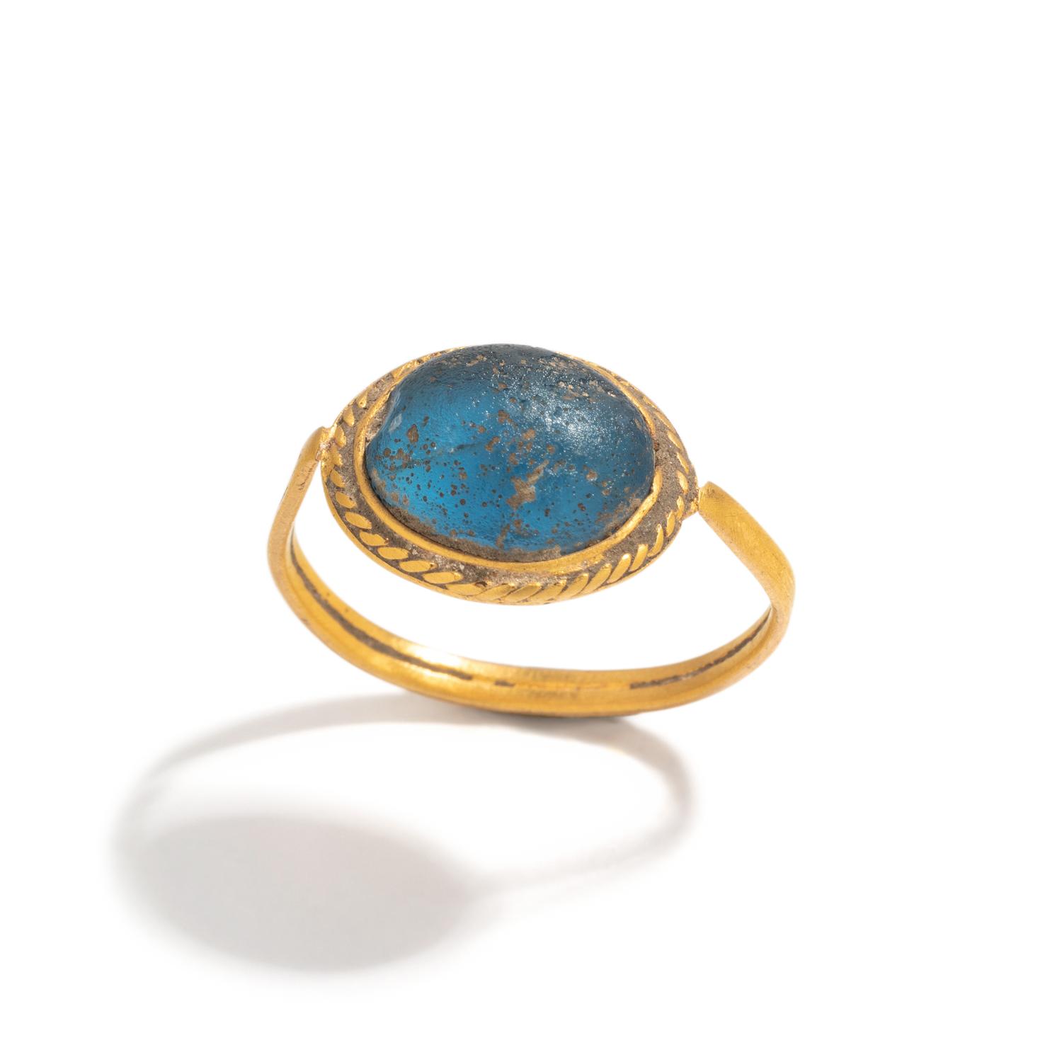 A Merovingian Gold and Blue Glass Finger Ring