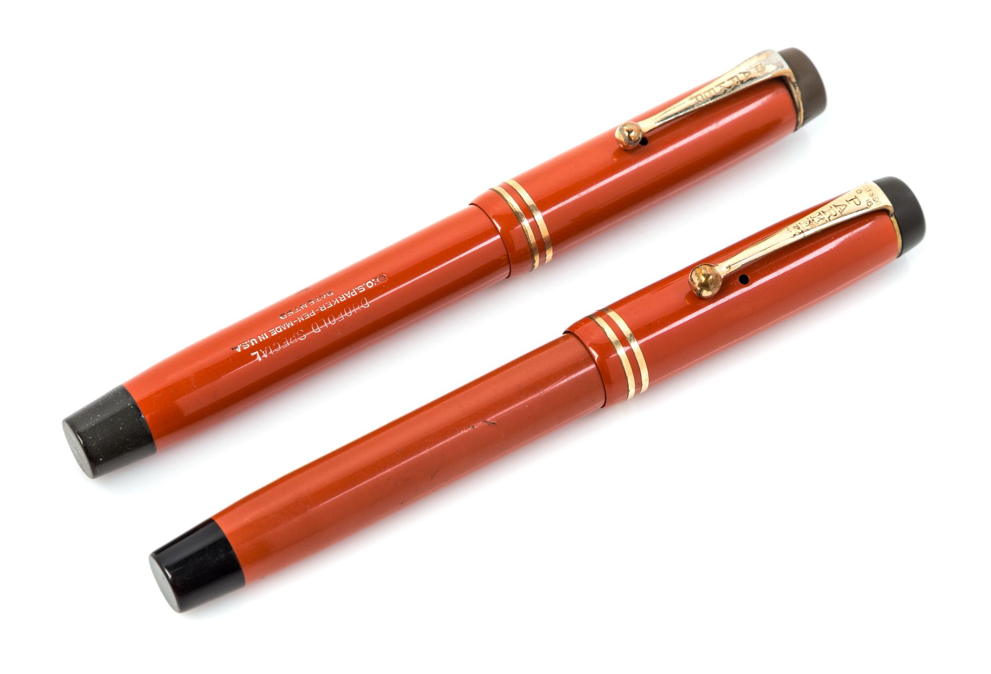 A Pair of Vintage Parker Duofold Special Fountain Pens Length 5 inches.