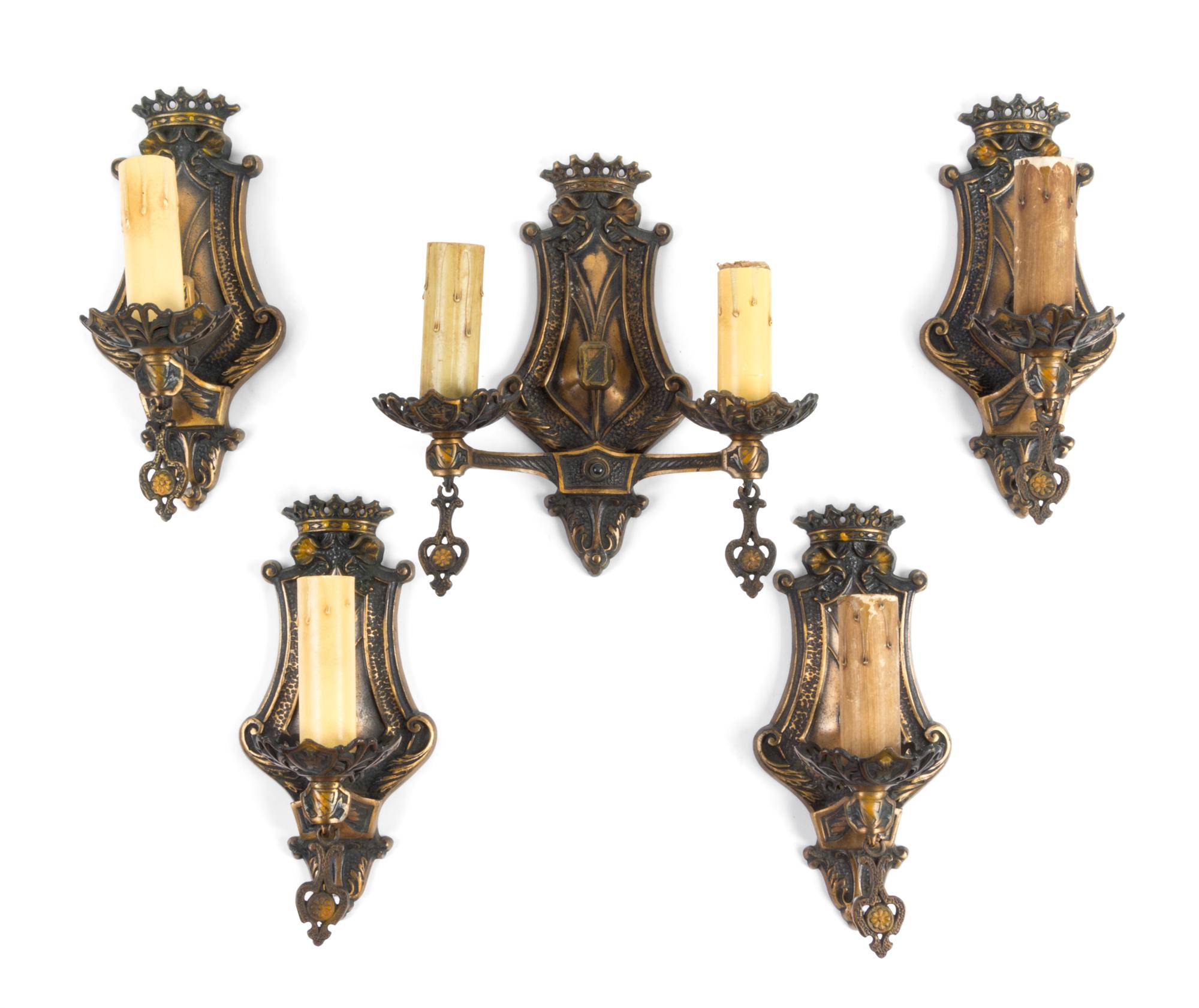 A Group of Gilt Metal Sconces Height 11 inches.