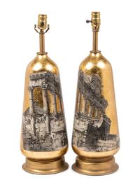 A Pair of Decoupaged Glass Table Lamps in the Style of Fornasetti