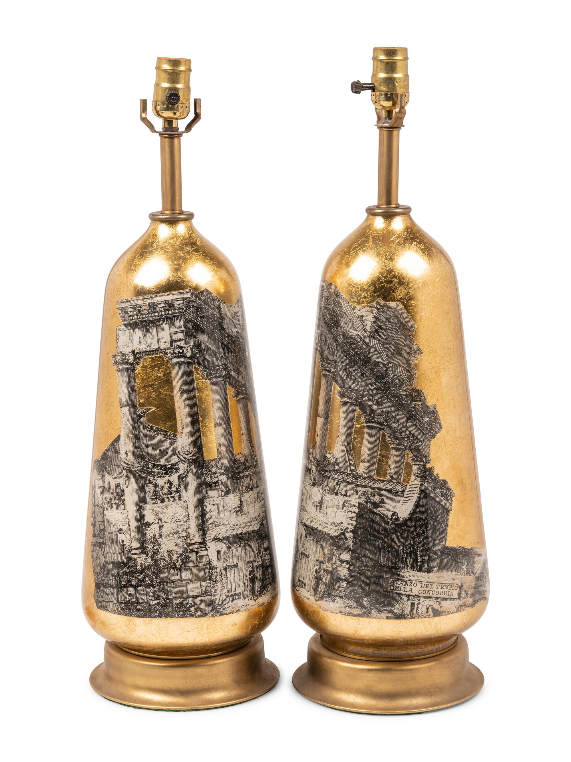A Pair of Decoupaged Glass Table Lamps in the Style of Fornasetti