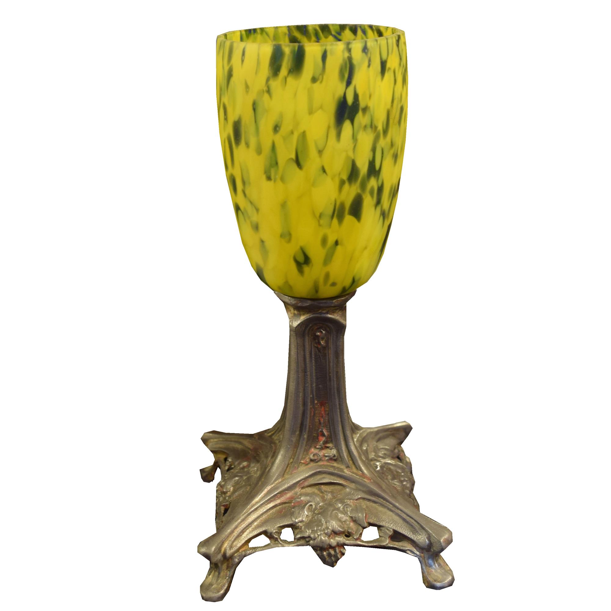 A Fer Forge Art Glass Lamp 5" W x 5" D x 11.5 " H — France, Circa 1930