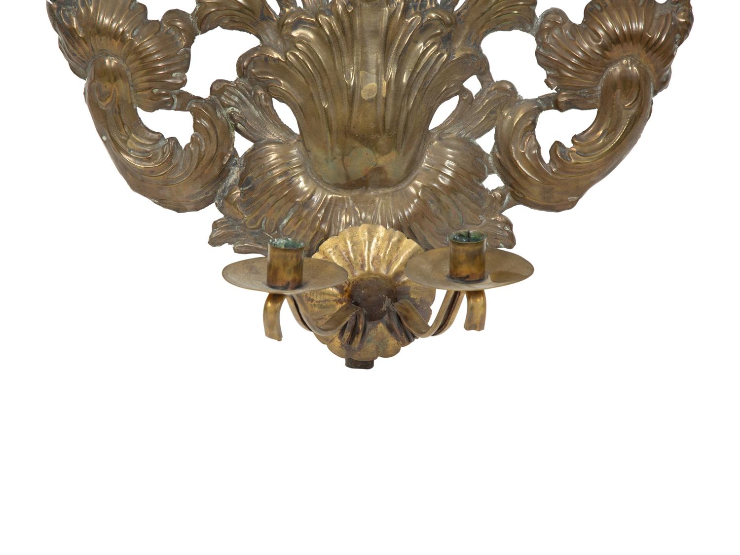 A Pair of Dutch Chased Brass Two-Light Sconces