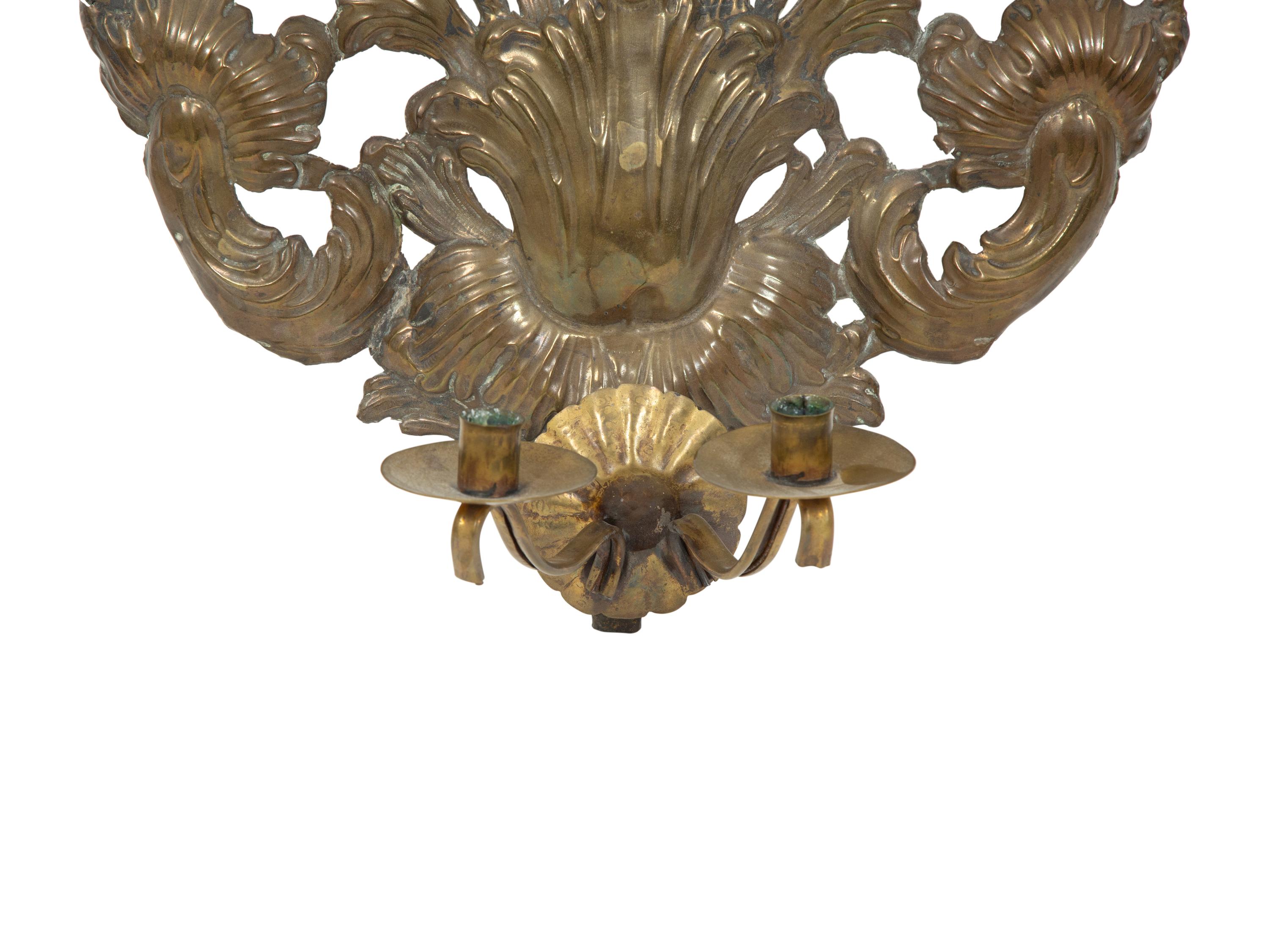 A Pair of Dutch Chased Brass Two-Light Sconces