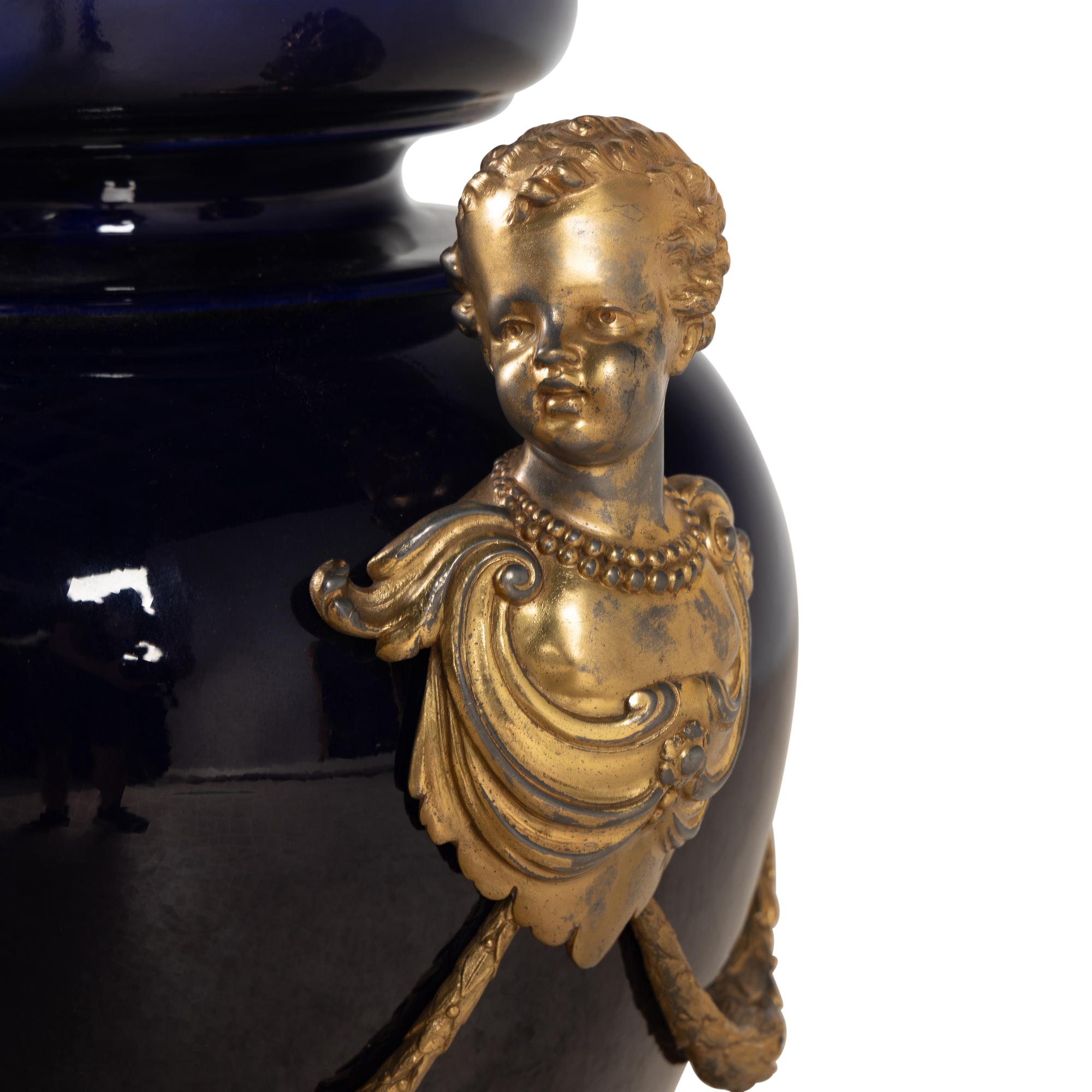 A Large Napoleon III Style Gilt-Bronze Mounted Cobalt-Glazed Porcelain Urn
