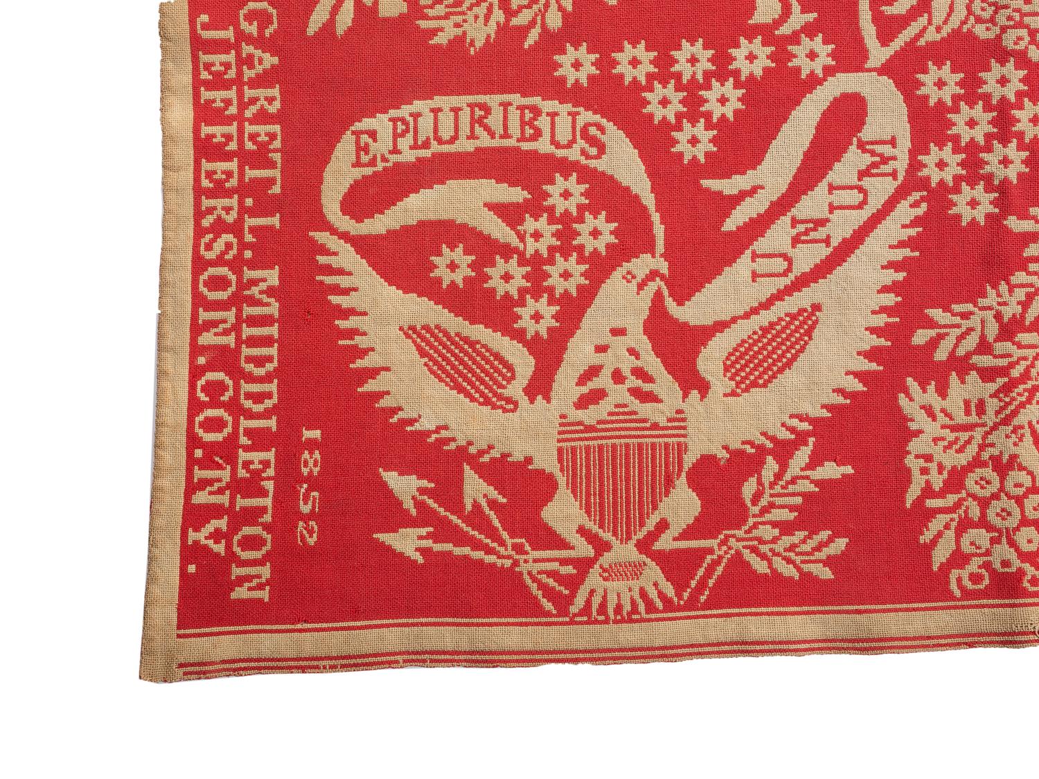 A Red and White Patriotic Jacquard Woven Coverlet