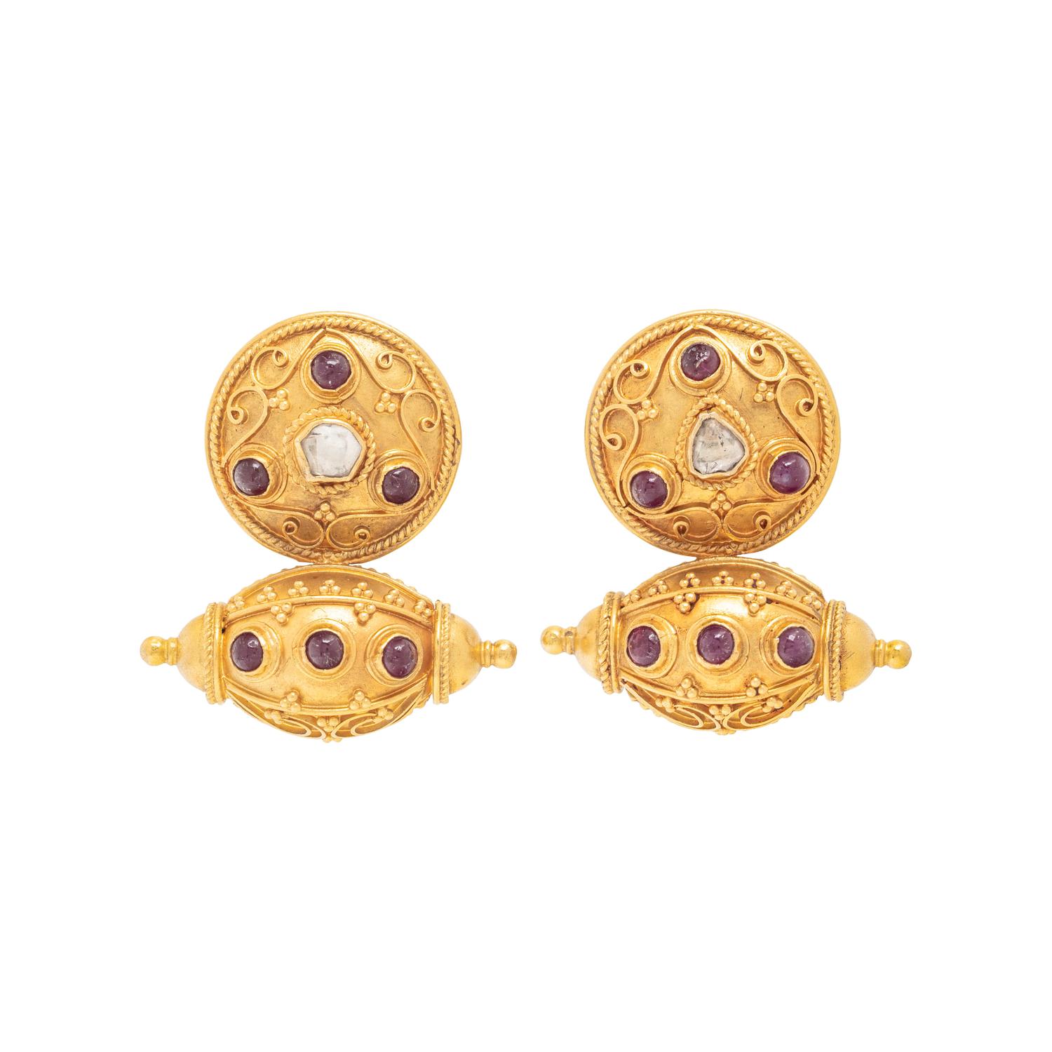 HIGH KARAT GOLD, RUBY AND DIAMOND EARRINGS