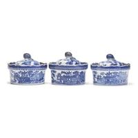 Three Chinese Export Porcelain Blue Fitzhugh Butter Tubs and Covers