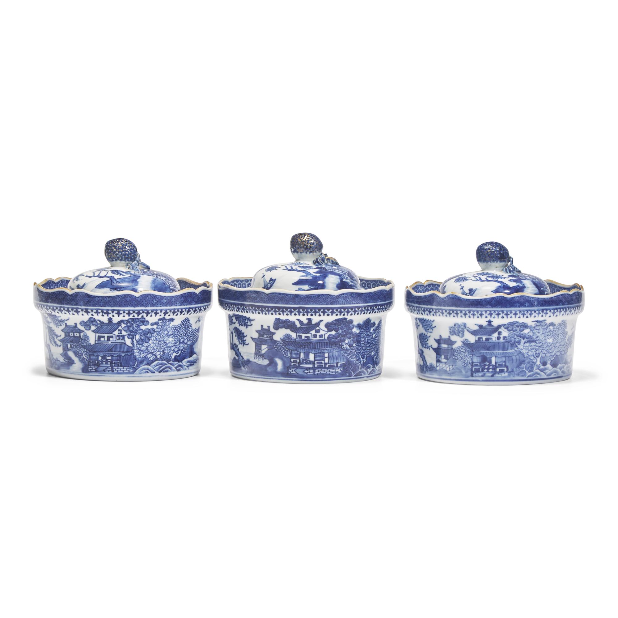 Three Chinese Export Porcelain Blue Fitzhugh Butter Tubs and Covers