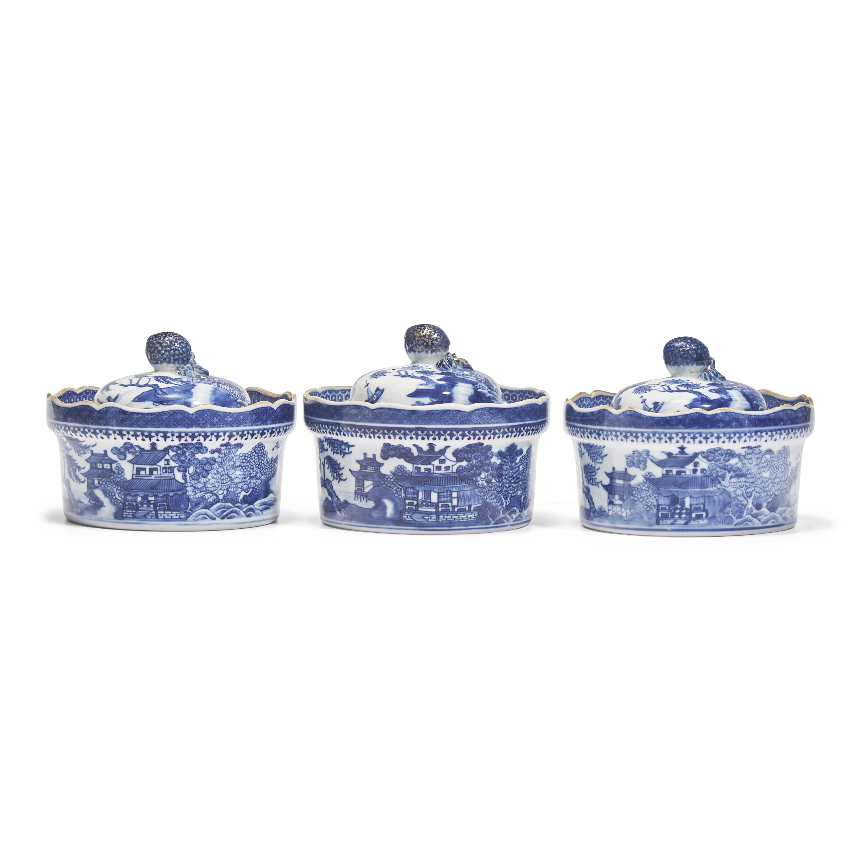 Three Chinese Export Porcelain Blue Fitzhugh Butter Tubs and Covers