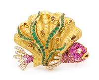 An 18 Karat Yellow Gold, Citrine, Diamond and Multigem Seashell Motif Articulated Pendant/Brooch, Chanel, 36.60 dwts.