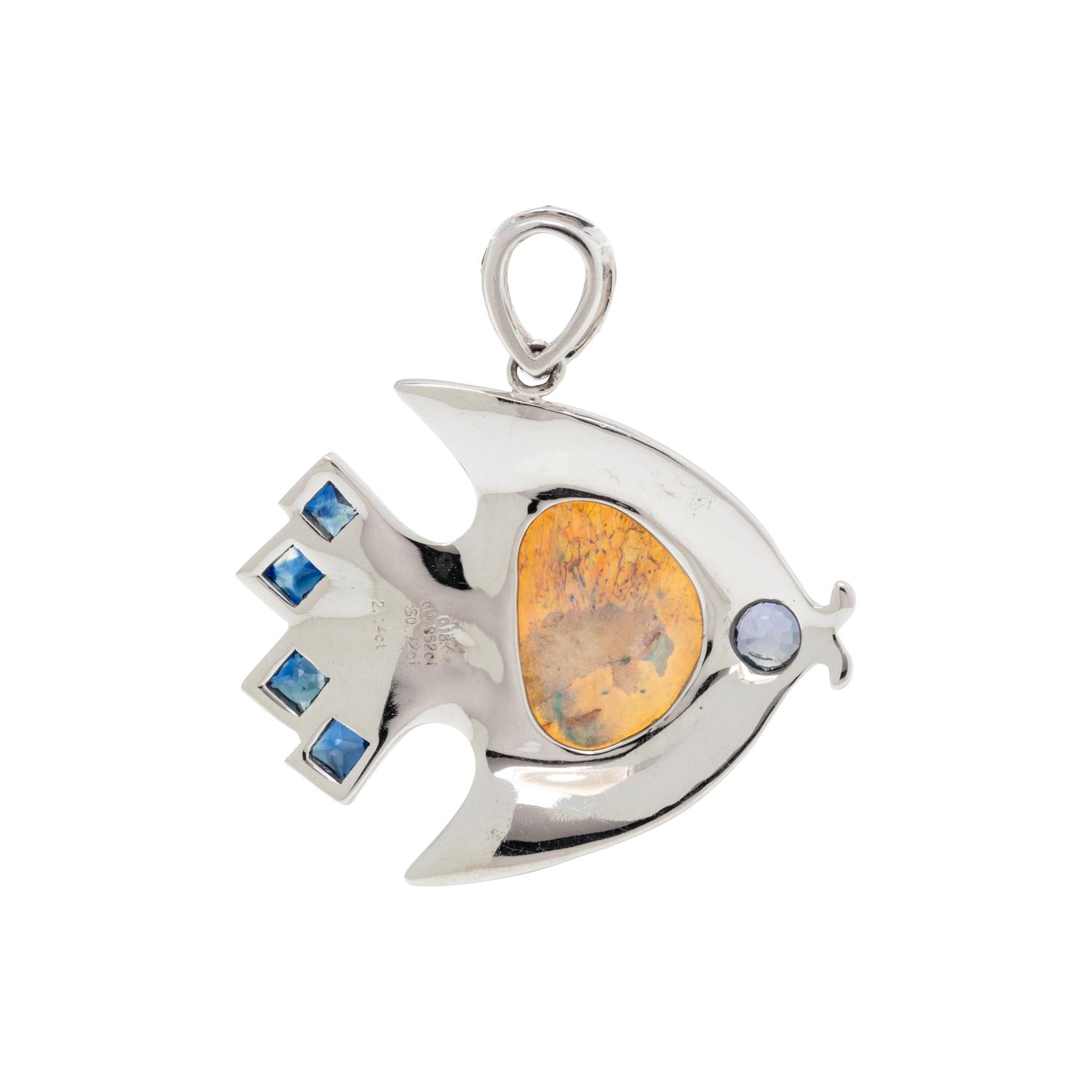 OPAL, DIAMOND AND SAPPHIRE FISH PENDANT