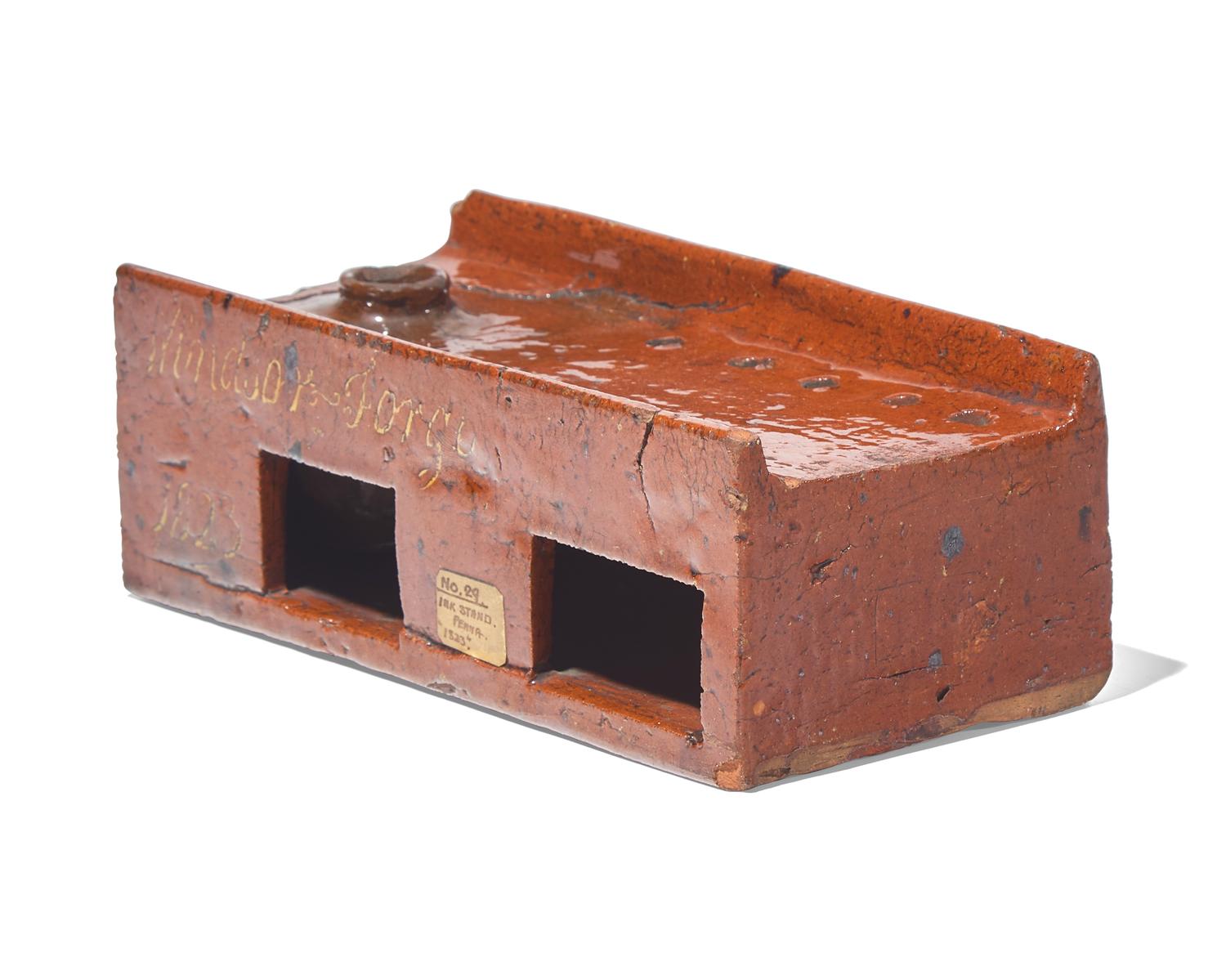 A Glazed Redware Inkstand, Inscribed, "Windsor Forge" and Dated "1823," Pennsylvania