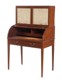 A George III Style Mahogany Marble-Inset Cylinder-Top Bureau