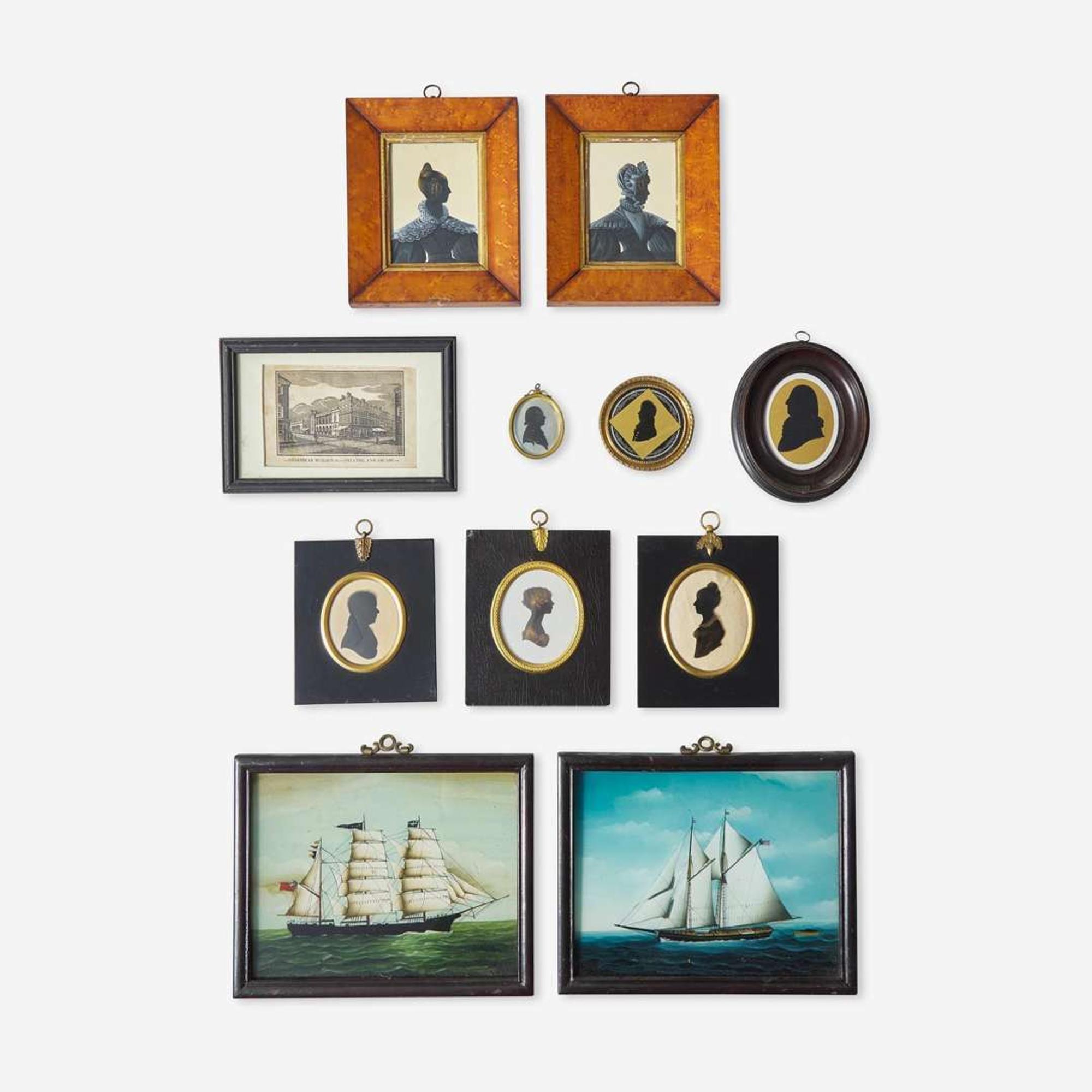An assorted collection of eleven silhouettes and framed works; Various artists, 19th / 20th century