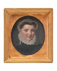French School 16th / 17th Century, A Portrait Miniature Of A Young Lady In Black With White Cap And High Ruff