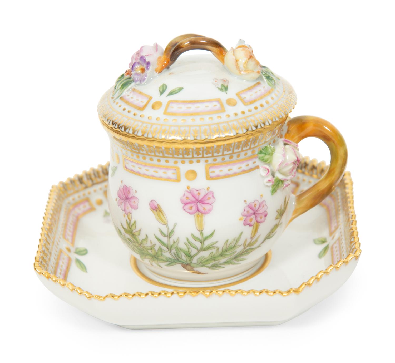 Seven Royal Copenhagen Flora Danica Porcelain Custard Cups and Saucers
