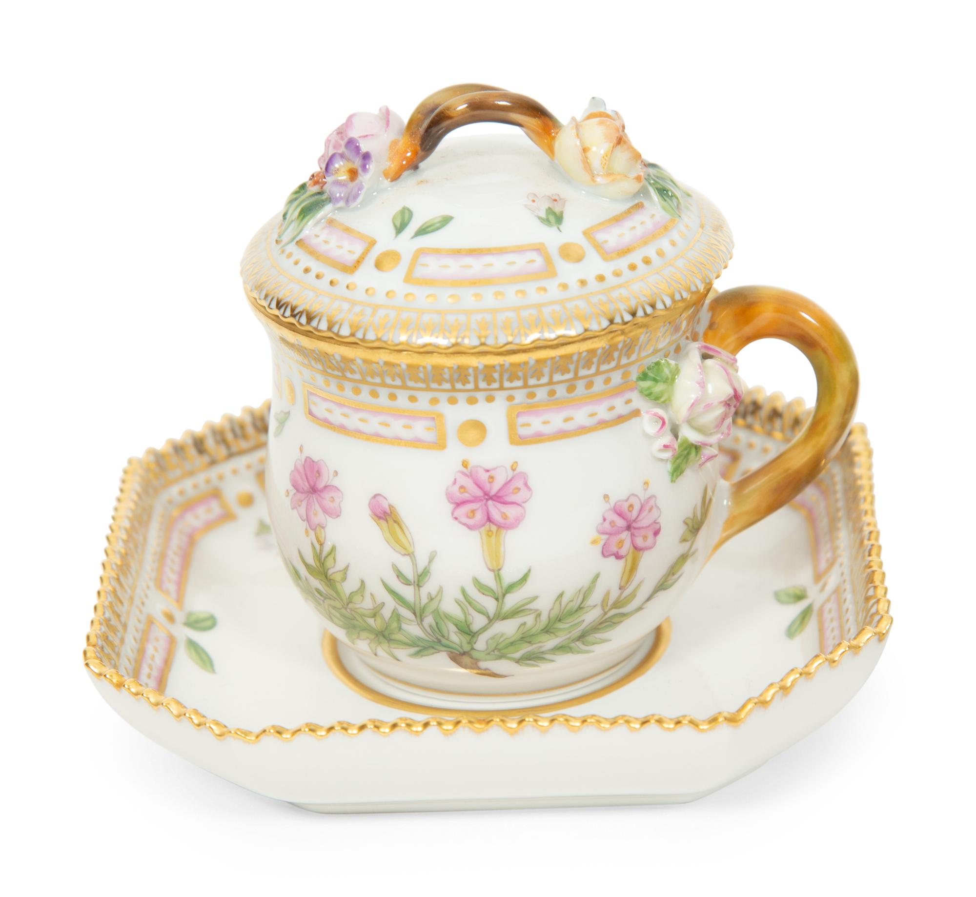 Seven Royal Copenhagen Flora Danica Porcelain Custard Cups and Saucers