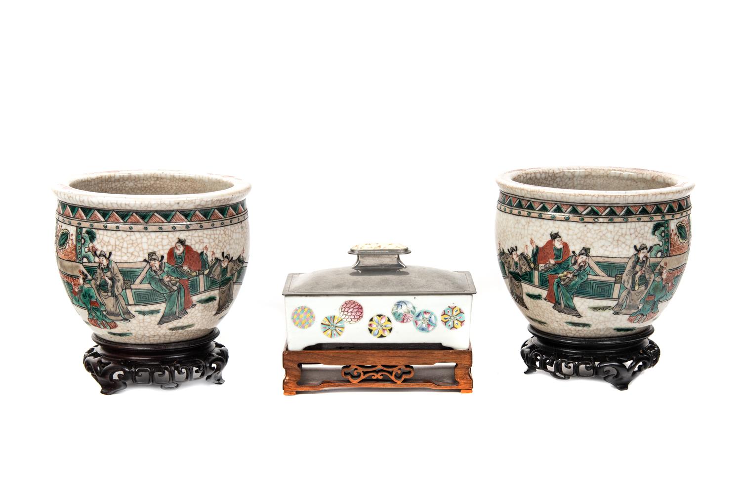 A Pair of Small Chinese Crackle Glazed Sancai Porcelain Fish Bowls and A Famille Rose Porcelain Planter