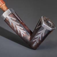Monumental Ojibwe Calumet Pipe, with Fine Lead Inlay Burl Bowl