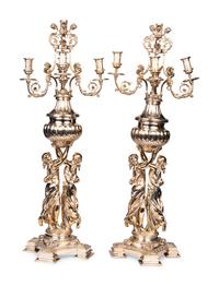 A Pair of Monumental Silver-Plate Figural Six-Light Candelabra