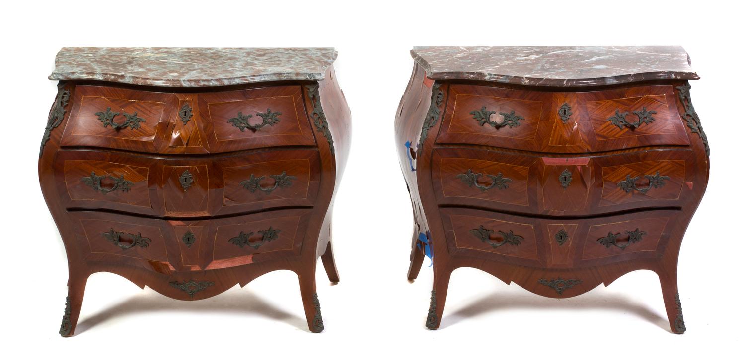 A Pair of Louis XV Style Bombe Parquetry Commodes, Height 31 x width 37 x depth 20 1/2 inches.