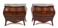 A Pair of Louis XV Style Bombe Parquetry Commodes, Height 31 x width 37 x depth 20 1/2 inches.