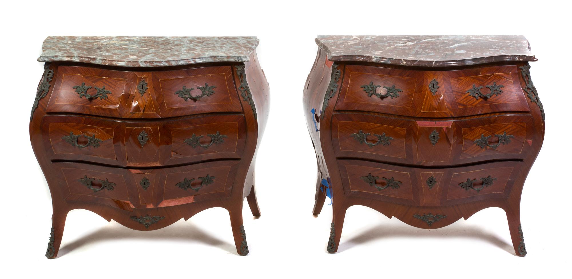 A Pair of Louis XV Style Bombe Parquetry Commodes, Height 31 x width 37 x depth 20 1/2 inches.