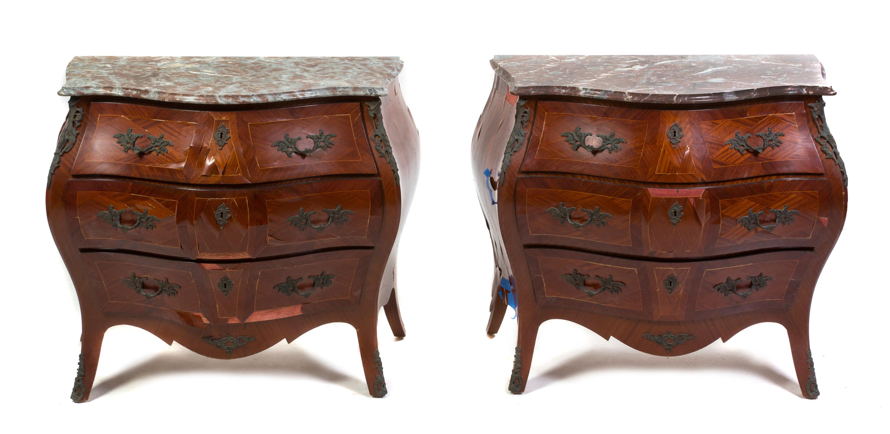A Pair of Louis XV Style Bombe Parquetry Commodes, Height 31 x width 37 x depth 20 1/2 inches.