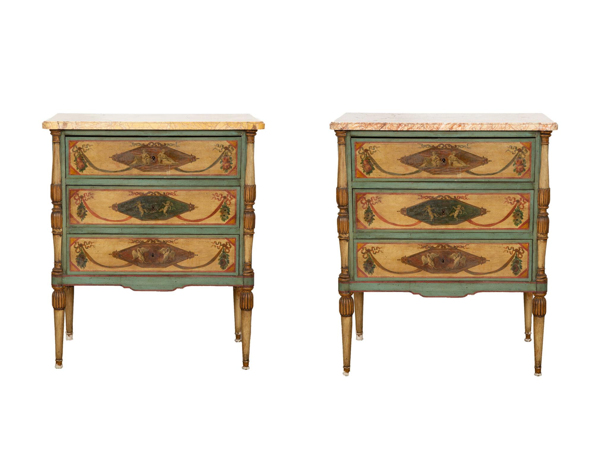 A Pair of Italian Painted Commodini with Marble Tops