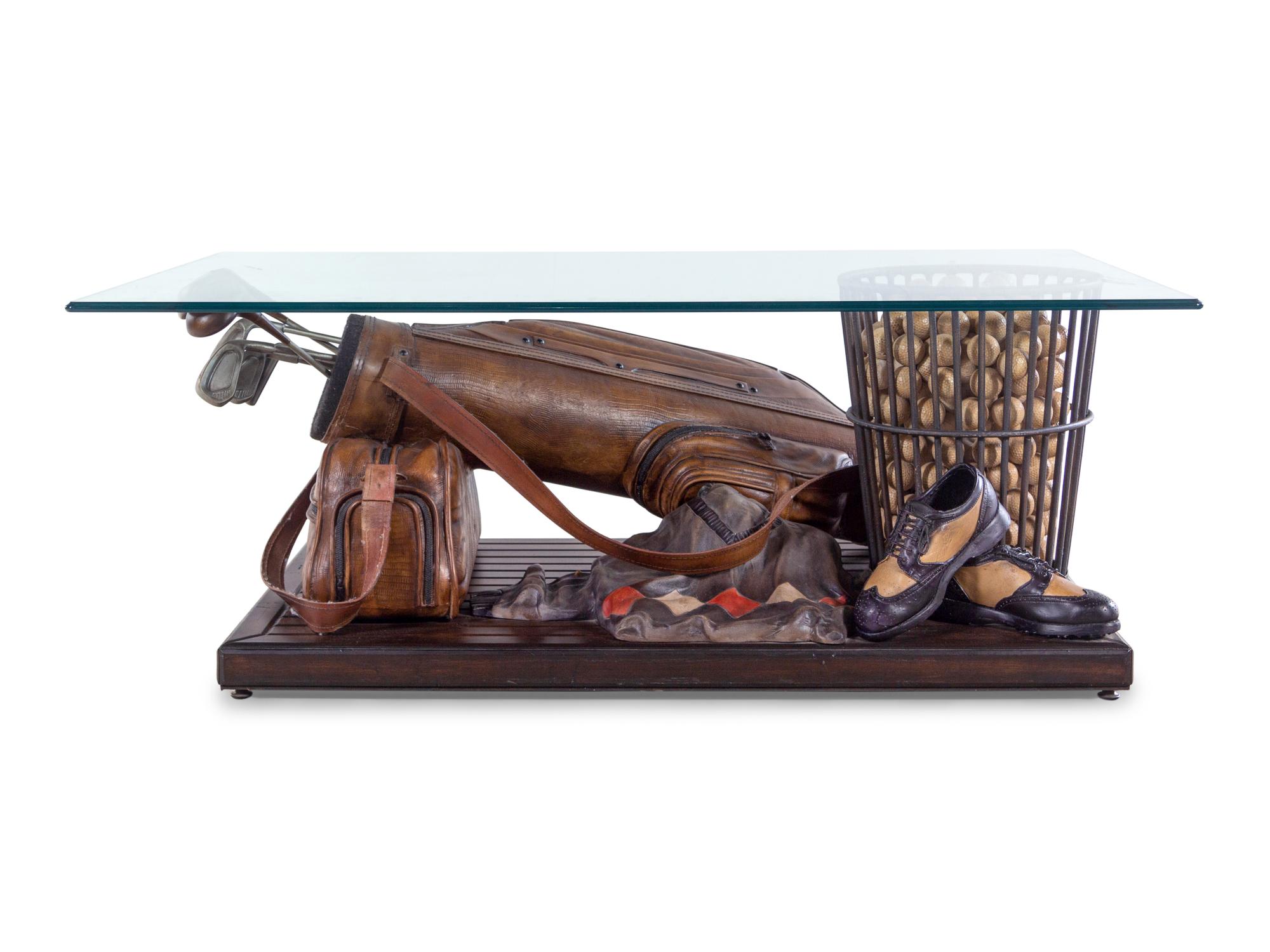 A Whimsical Golf-Themed Painted Resin, Metal and Leather Cocktail Table