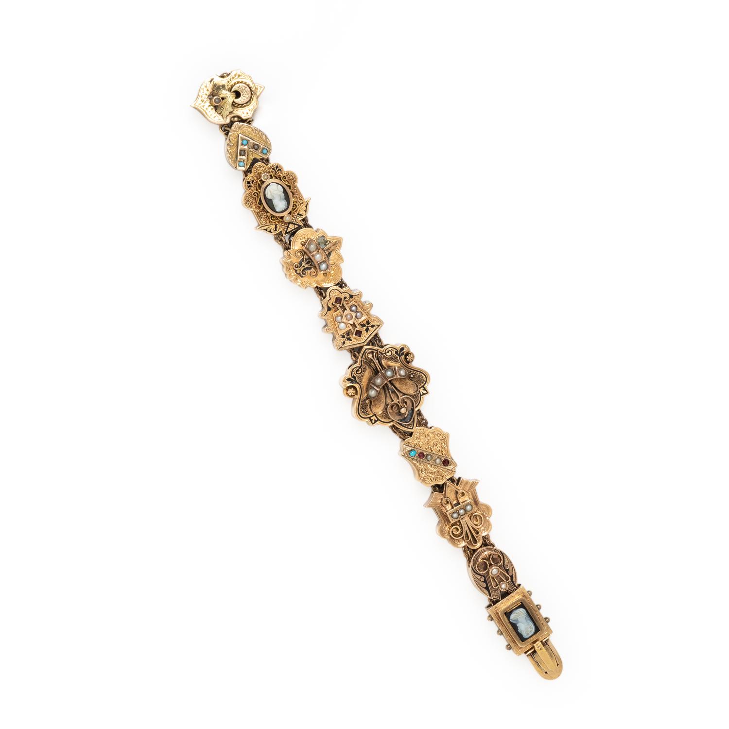 YELLOW GOLD, SEED PEARL, AND MULTIGEM SLIDE CHARM BRACELET