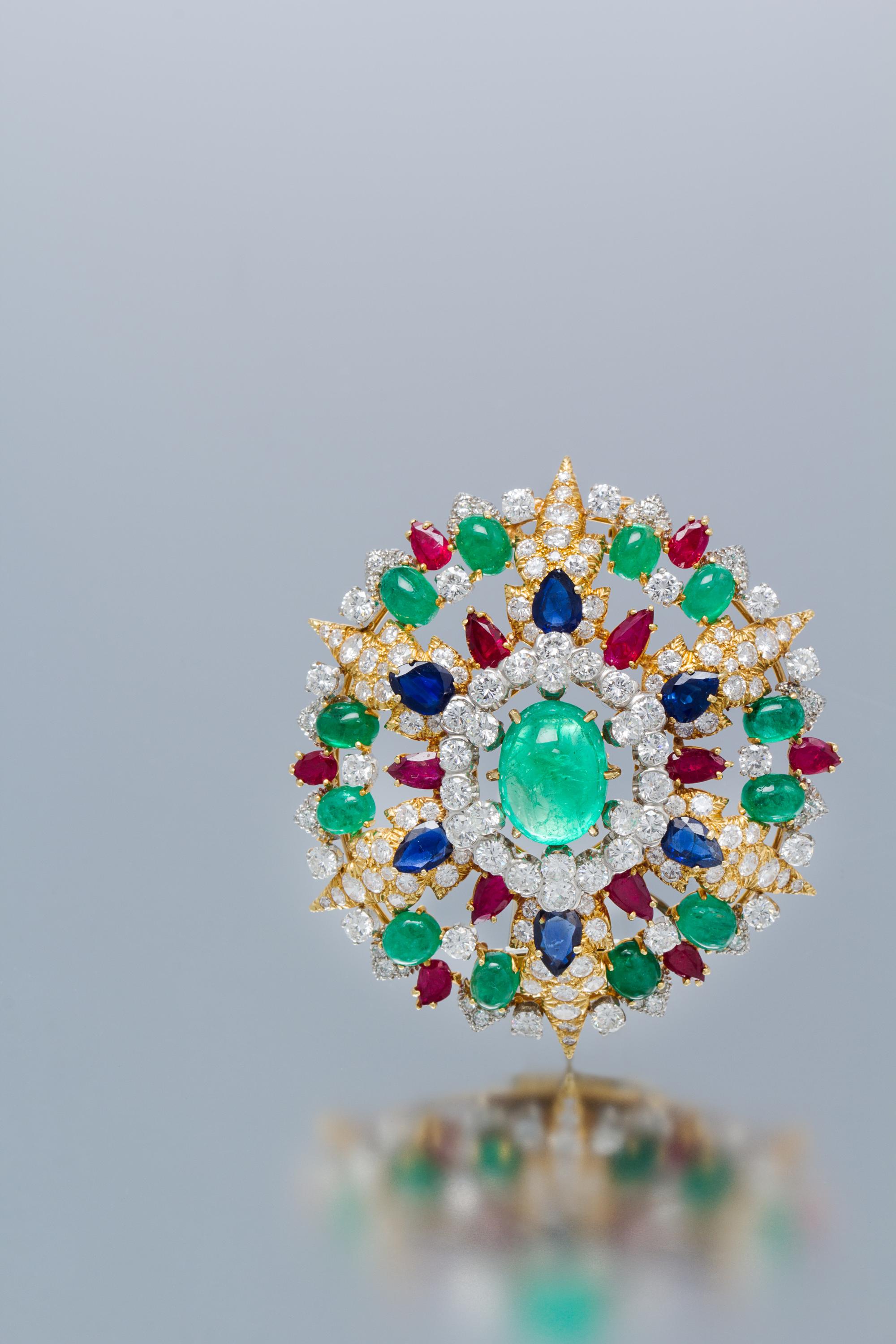 An 18 Karat Yellow Gold, Platinum, Emerald, Ruby, Sapphire and Diamond Pendant/Brooch, David Webb, Circa 1960, 33.10 dwts.