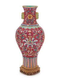 A Ruby-Red Ground Famille Rose Wall Vase